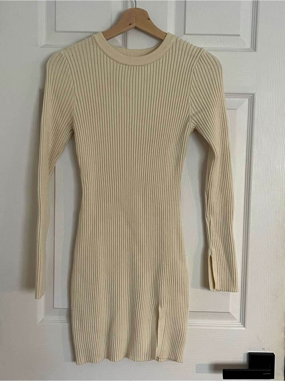 Ribbed Long Sleeve Cream Knit Mini Dress